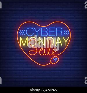 Cyber Monday Sale Neon-Text im Herzen. Shopping, Rabatt, Technologie-Design. Nachts helles Neonschild, bunte Plakatwand, Lichtbanner. Vektorgrafik Stock Vektor