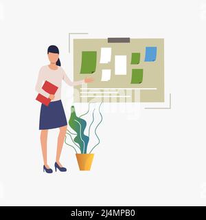 Geschäftsfrau zeigt auf Pinnwand mit Notizen Vektor Illustration. Lehrer, Botschaft, Planung. Geschäftskonzept. Kreatives Design für Websites, busine Stock Vektor