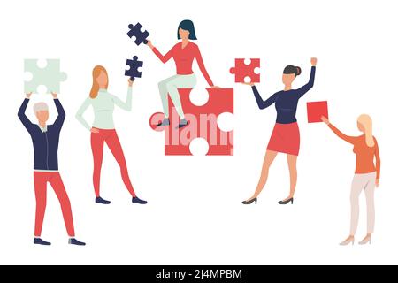 Sammlung von Geschäftsleuten mit Puzzleteilen. Business-Team verbindet Puzzle. Vektorgrafik für Promo, Werbung, Tutorial Stock Vektor