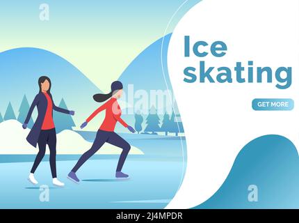 Schlittschuhlaufschrift, zwei Frauen und verschneite Landschaft. Vorlage für Präsentationsfolie. Lifestyle, Aktivität, Naturkonzept. Vektorgrafik kann Stock Vektor