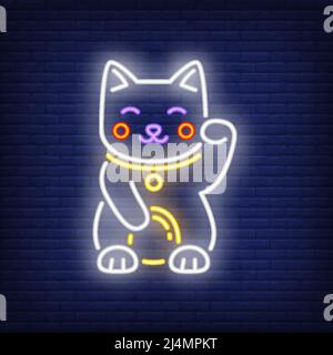 Maneki Neko Katze Neonschild. Japanisches Maskottchen des Glücks Design. Nachts helles Neonschild, bunte Plakatwand, Lichtbanner. Vektorgrafik im Neon-Stil Stock Vektor