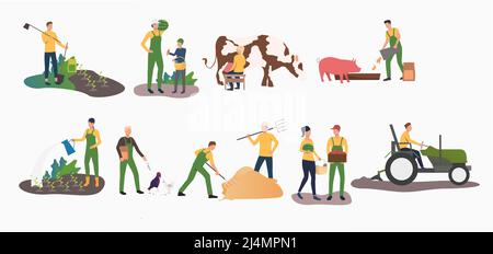 Set von Zeit landwirtschaftlichen Aktivitäten. Menschen im Garten, Viehzucht, Ernte. Landwirtschaftskonzept. Vektorgrafik kann für Themen wie Agricu verwendet werden Stock Vektor