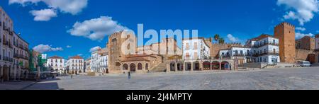 Caceres, Spanien, 18. Mai 2021: Plaza Mayor in der spanischen Stadt Caceres Stockfoto