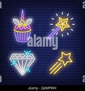 Cupcake, Flying Star, Diamant und Zauberstab Neon-Schilder gesetzt. Märchen, Magie, Kinderdesign. Nacht helles Neonschild, bunte Plakatwand, Licht BA Stock Vektor