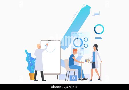 Ärzte zeichnen Diagramm und arbeiten mit Röhren Vektorgrafik. Forschung, medizinische Ausbildung, wissenschaftliche Forschung. Wissenschaftskonzept. Kreatives Design Stock Vektor