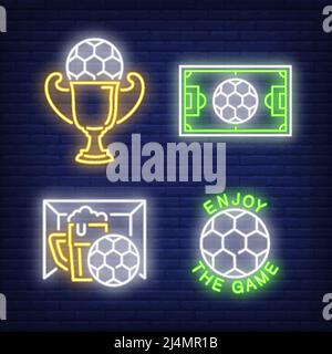 Fußball-Neonschild-Set. Fußball, Bier, Tasse, Feld. Bunte Plakatwand, helles Banner. Vektor-Illustration in Neon-Stil für Spiel, Online-Broadcas Stock Vektor