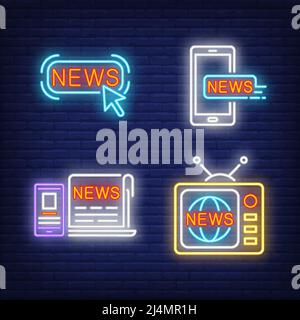 Nachrichten-Taste, fernseher, Zeitung und Smartphones Neon-Schilder gesetzt. Massenmedien, Entertainment-Design. Nacht helles Neonschild, bunte Plakatwand, Lichtverbot Stock Vektor