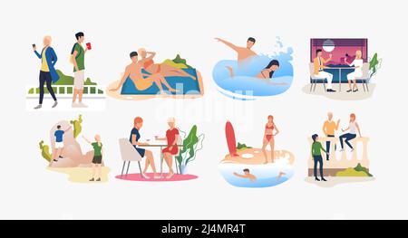 Eine Gruppe von Menschen, die sich in Resorts ausruhen und den Sommer genießen. Männer und Frauen gehen, treffen, schwimmen. Vektorgrafik kann für Präsentationen verwendet werden Stock Vektor