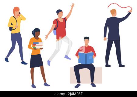 Set von männlichen und weiblichen Studenten. Flache Cartoon-Figuren verbringen Zeit auf dem Universitätsgelände. Vektorgrafik kann für Werbevideos verwendet werden, Stock Vektor