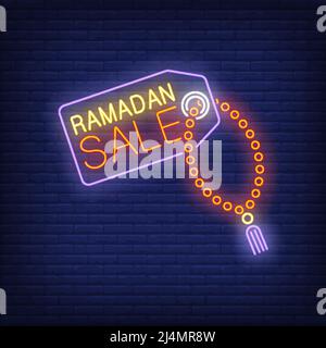 Ramadan Sale Neon Text auf Tag mit Gebetsperlen. Ramadan Kareem bieten Design. Nachts helles Neonschild, bunte Plakatwand, Lichtbanner. Vektor illustrr Stock Vektor