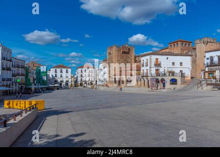 Caceres, Spanien, 18. Mai 2021: Plaza Mayor in der spanischen Stadt Caceres Stockfoto