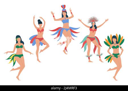 Set von Frauen in Feder Bikini Kostümen. Gruppe glücklicher brasilianischer Frauen, die an Karneval tanzen. Vektorgrafik für Werbung, Präsentation, Banner Stock Vektor