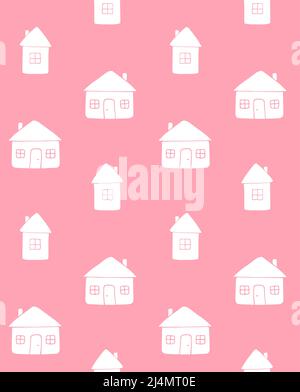 Vektor nahtloses Muster von weißen handgezeichneten Doodle Skizze skandinavischen Haus isoliert auf pastellrosa Hintergrund Stock Vektor