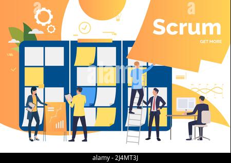 Arbeitsgruppe diskutiert Projekt. Scrum Meeting, Kanban Board, Diagramm, Arbeit am Laptop. Geschäftskonzept. Vektorgrafik kann für die Präsentation verwendet werden Stock Vektor