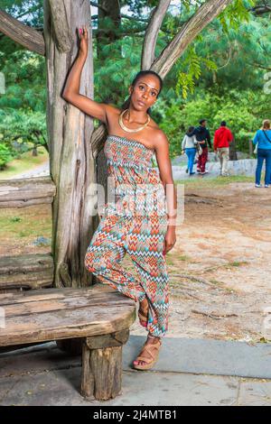 In einem trägerlosen modischen, modernen Stil Kleid Oberteil und Hose, modische Sandalen, eine hübsche schwarze Frau steht bei alten Bäumen in einem p Stockfoto