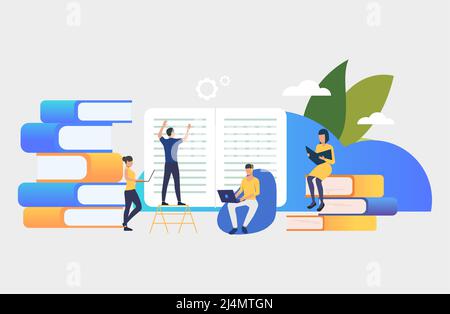 Gruppe von Menschen, die Bücher erstellen. Autoren, Brainstorming, Druckerei, Bibliothek. Geschäftskonzept. Vektorgrafik für Poster, Präsentation, neue p Stock Vektor
