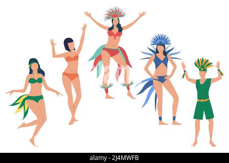Eine Gruppe von Menschen, die nationale brasilianische Feiertage feiern. Flache Zeichentrickfiguren tanzen in Federkostümen. Vektorgrafik für Werbung, Werbung, Stock Vektor