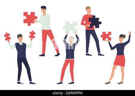 Gruppe von Teammitgliedern. Männer und Frauen halten Puzzleteile. Teamwork-Konzept. Vektorgrafik kann für Themen wie Lösung, Zusammenarbeit, w verwendet werden Stock Vektor