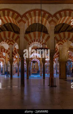 Cordoba, Spanien, 25. Mai 2021: Bögen und Säulen der Kathedrale La Mezquita in Cordoba, Spanien. Stockfoto