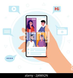 Treffen eines Unternehmens über Videokonferenzen auf einem Mobiltelefon Digitale Technologie und Kommunikationskonzept Vektordarstellung Stock Vektor