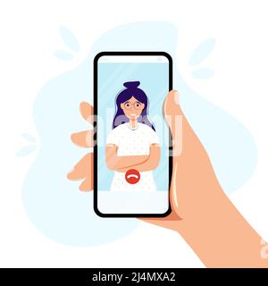 Videoanruf über Smartphone-Hand hält Mobiltelefon mit eingehendem Videokonferenzanruf. Digitale Technologie und Kommunikation Vektor Illustration concep Stock Vektor