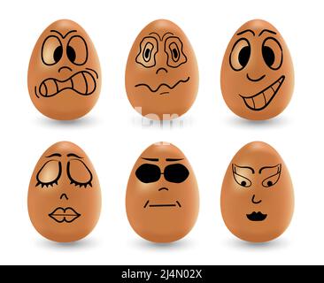 Lustige Ostereier Set Vektor. Realistische braune Eier auf weißem Hintergrund. Gesichter, Augen, Grimassen, handgezeichnet mit einem Marker auf den Eiern. Stock Vektor