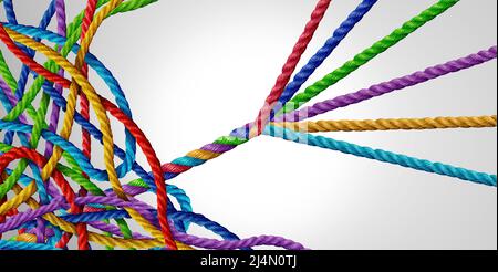 Konzept der Organisation von Missmanagement bis hin zum gelungenen Erfolg als verworrene Gruppe von Seilen mit einem anderen Team von organisierten Seilen, das erfolgreich war. Stockfoto