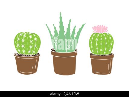 Vektor handgezeichnete Doodle Skizze Set aus drei farbigen Kakteen und Aloe in Töpfen isoliert auf weißem Hintergrund Stock Vektor