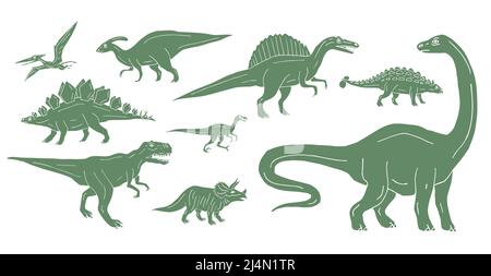 Vektor-Set-Paket von grünen handgezeichneten Doodle Skizze Dinosaurier auf weißem Hintergrund isoliert Stock Vektor