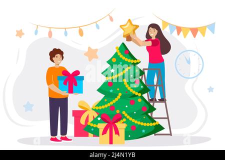 Glücklicher Mann und Frau schmückt einen Weihnachtsbaum Vektor Illustration eines flachen Designs. Niedliche lächelnde Menschen schmücken Weihnachtsbaum mit Kugeln und ga Stock Vektor