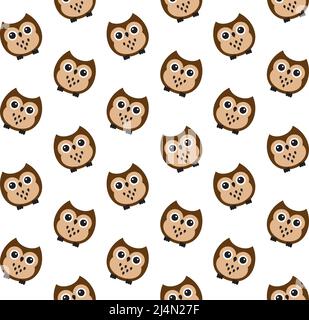 Vektor nahtloses Muster von flachen Cartoon braune Eule auf weißem Hintergrund isoliert Stock Vektor