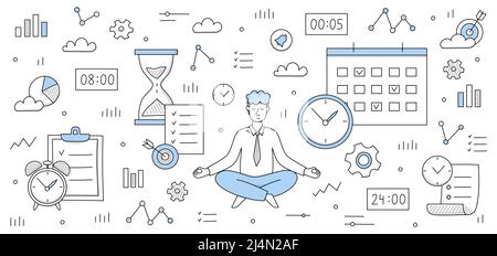 Zeitmanagement-Konzept mit Mann meditieren in Yoga-Pose und Ikonen von Uhr, Getriebe, Ziel und Kalender. Vector Doodle Illustration von Geschäftsmann entspannen Stock Vektor