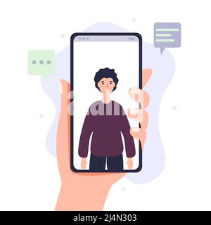 Videoanruf über Smartphone-Hand hält Mobiltelefon mit eingehendem Videokonferenzanruf. Digitale Technologie und Kommunikation Vektor Illustration concep Stock Vektor