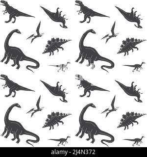 Vektor nahtloses Muster von schwarzen handgezeichneten Doodle Skizze Dinosaurier auf weißem Hintergrund isoliert Stock Vektor