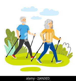 Glückliche alte Männer und Frauen Paar Durchführung nordic Walking flache Zeichentrickfiguren Vektor Illustration Konzept. Gesunde Outdoor-Aktivitäten für ältere Menschen Stock Vektor