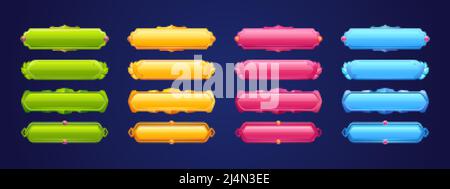 Mittelalterliche Spielschaltflächen, Menüelemente der Benutzeroberfläche. Längliche bunte ui-Banner mit verzierten Rändern und Dekor. Leere Royal gui Bars für rpg, Fantasy Web Stock Vektor