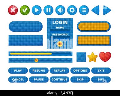 Set Spiel Menü Elemente Textil gewebte Textur. Cartoon Benutzer Einstellung Login oder Passwort Panel, Schaltflächen, Optionen, Fortschrittsbalken ui Design-Schnittstelle. Pause Stock Vektor