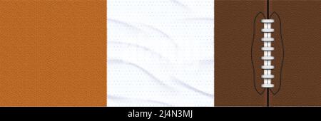 Texturen aus Sporttrikot, american Football und Korbbällen werden angezeigt. Vector realistische Satz von nahtlosen Mustern aus Schweinsleder mit Schnürsenkeln, weiß Stock Vektor