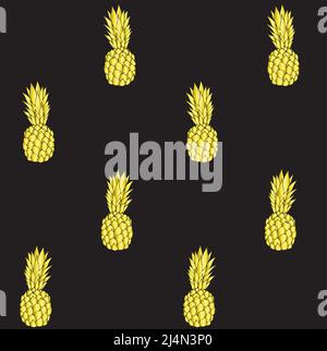 Vektor nahtlose Muster von goldenen Glitter handgezeichnete Skizze Doodle Ananas Kiefer Apfel auf schwarzem Hintergrund isoliert Stock Vektor