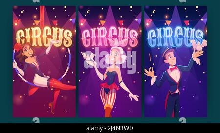 Circus Magic Show Performance Cartoon Poster. Big Top Zelt Künstler Luftturnerin Mädchen, Zauberer Zauberer und Frau mit Tauben führen Karneval geben Stock Vektor