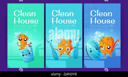 Saubere Haus Cartoon Poster mit niedlichen Reinigung Schwamm Zeichen halten Gabel und Löffel, Umarmung mit Teller und Waschbecher an Küche gekachelt Wand Hintergrund Stock Vektor