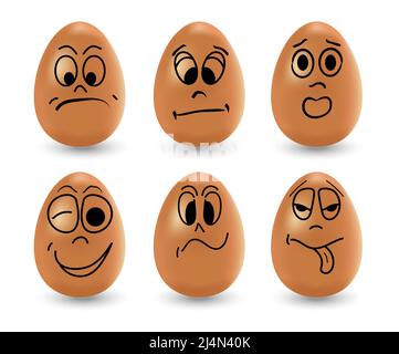 Lustige Ostereier Set Vektor. Realistische braune Eier auf weißem Hintergrund. Gesichter, Augen, Grimassen, handgezeichnet mit einem Marker auf den Eiern. Stock Vektor