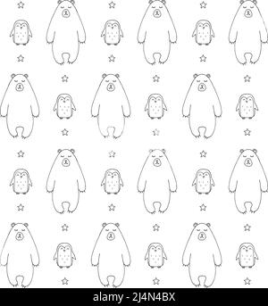 Vektor nahtlose Muster der Umrisse Hand gezeichnete Doodle Skizze weißen Eisbär und Pinguin auf blauem Hintergrund isoliert Stock Vektor