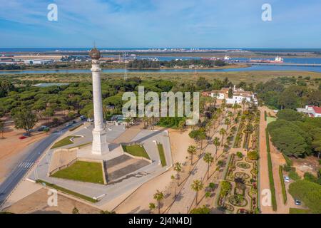 Luftaufnahme des Monumento a los Descubridores in La Rabida bei Huelva, Spanien Stockfoto