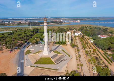 Luftaufnahme des Monumento a los Descubridores in La Rabida bei Huelva, Spanien Stockfoto