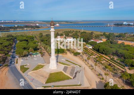 Luftaufnahme des Monumento a los Descubridores in La Rabida bei Huelva, Spanien Stockfoto