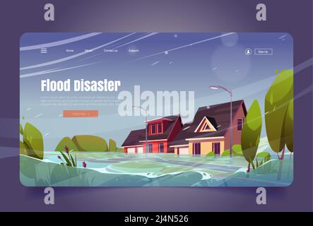 Flutkatastrophe-Banner mit Wasserstrom auf der Straße mit Häusern bei regnerischem Wetter. Vektor-Landing-Page der Natur Kataklysma mit Cartoon-Illustration von i Stock Vektor