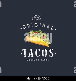 Handgezeichnetes Logo Tacos Silhouette und moderne Vintage Typografie Retro-Stil Vektor Illustration. Taco-Tortilla-Etikett für Fast-Food-Verpackungen und Stock Vektor