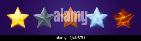 Stars Spiel Score Elemente, UI, ux oder gui bewerten Vermögenswerte Gold, Metall, Holz, Eiskristall und Lava Textur für App-Benutzeroberfläche und Display, Gewinner-achi Stock Vektor