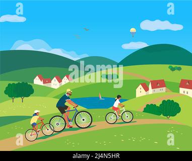 Vater und Kinder Radfahren auf Hügeln ländlichen Straße Poster. Papa, Tochter, Sohn fahren Fahrrad flache Farbe Vektor Illustration. Familien aktiv Sport Freizeit Stock Vektor